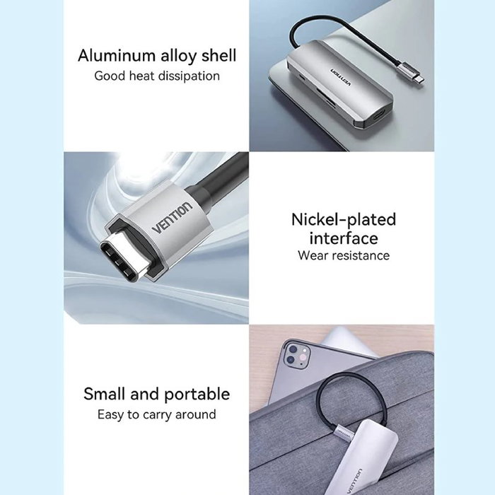 Vention TOJHB Docking USB Tipo-C Gris con 1x HDMI, 3x USB, 1x USB-C y Lector de Tarjetas